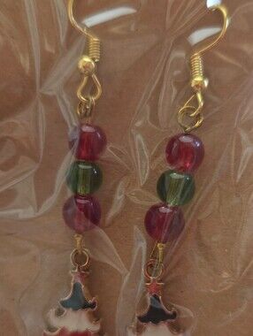 Handmade Gold-Tone Earrings with Red and Green Beads